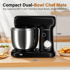 Stand Mixer with 3QT+3.5QT Dual Bowls, 10-Speed Electric 300W Food Mixer - Includes Egg Whisk, Dough Hook & Flat Beater for Home Baking & Daily Cooking (Black)