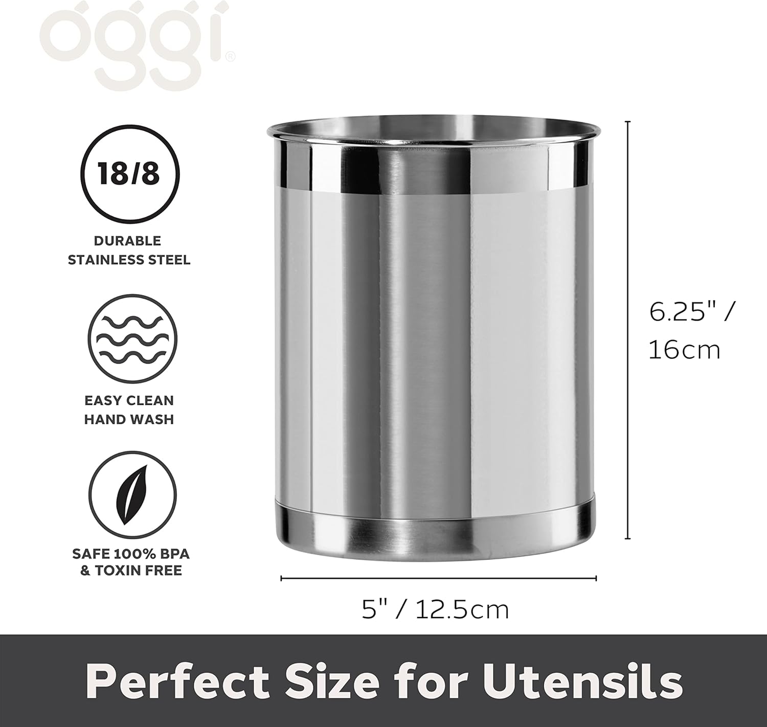 Oggi Stainless Steel Utensil Holder - 5" Diameter, Utensil Caddy, Weighted Base for Stability - Larger-Sized Utensil Crock and Countertop Utensil Organizer, Stainless Steel