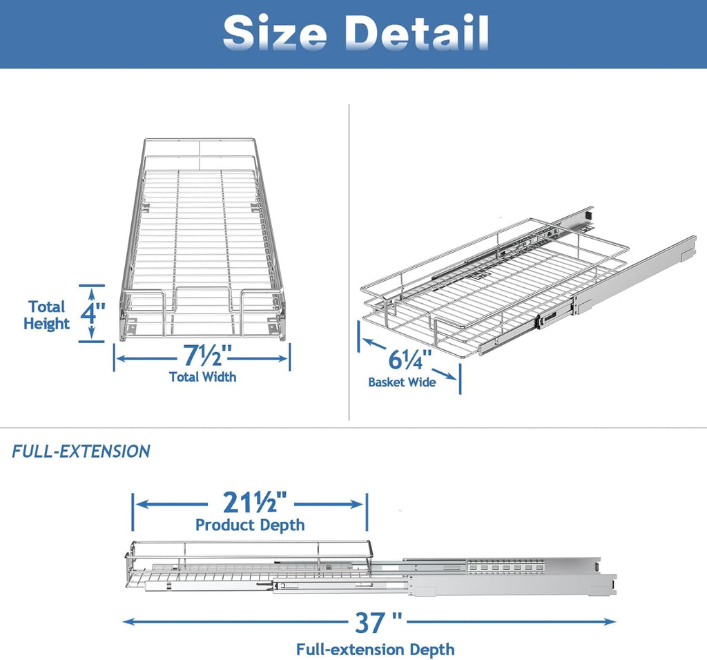 ROOMTEC Pull Out Cabinet Organizer, Cabinet Pull Out Shelves 7½" W x 21½" D, Heavy Duty Cabinet Drawers Slide Out Kitchen Cabinet Organizers Storage Shelf