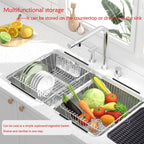 Stainless Steel Dish Drying Rack(15.2"L X 11"W X 5.3"H), Expandable Fruit & Vegetable Drain Rack over Sink, Dish Drainer Rack in Sink, with Stainless Steel Utensil Holder & Silicone Mat(16")