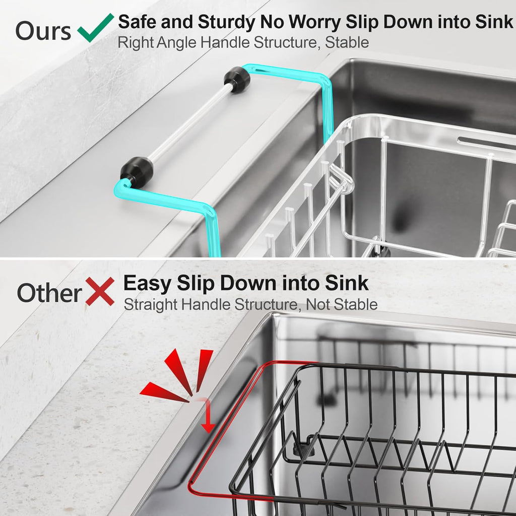 GSlife Expandable in Sink Small Dish Drying Rack - Stainless Steel Capacity Adjustable Over The Sink Dish Rack with Cup Holder and Utensil Holder, 12"~16.8" L x 10.4" W, Silver