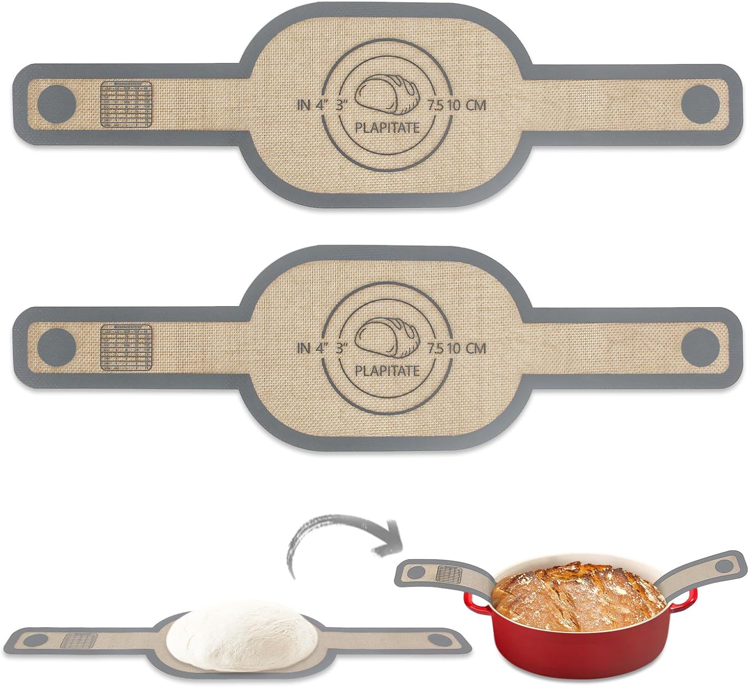 Silicone Bread Sling Dutch Oven Liner, Non-Stick & Easy Clean Reusable Oval Silicone Baking Mat with Long Handles, Easy to Transfer Sourdough - 2 Gray Set