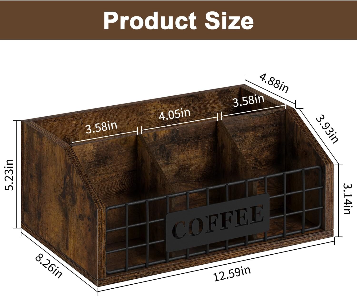 YINMIT Coffee Station Organizer for Countertop, Wood Coffee Bar Organizer with Removable Dividers for Pods, Syrup, Cups, Stirrer, Tea - Office Bar Accessories, Iron Wire-Vintage Brown