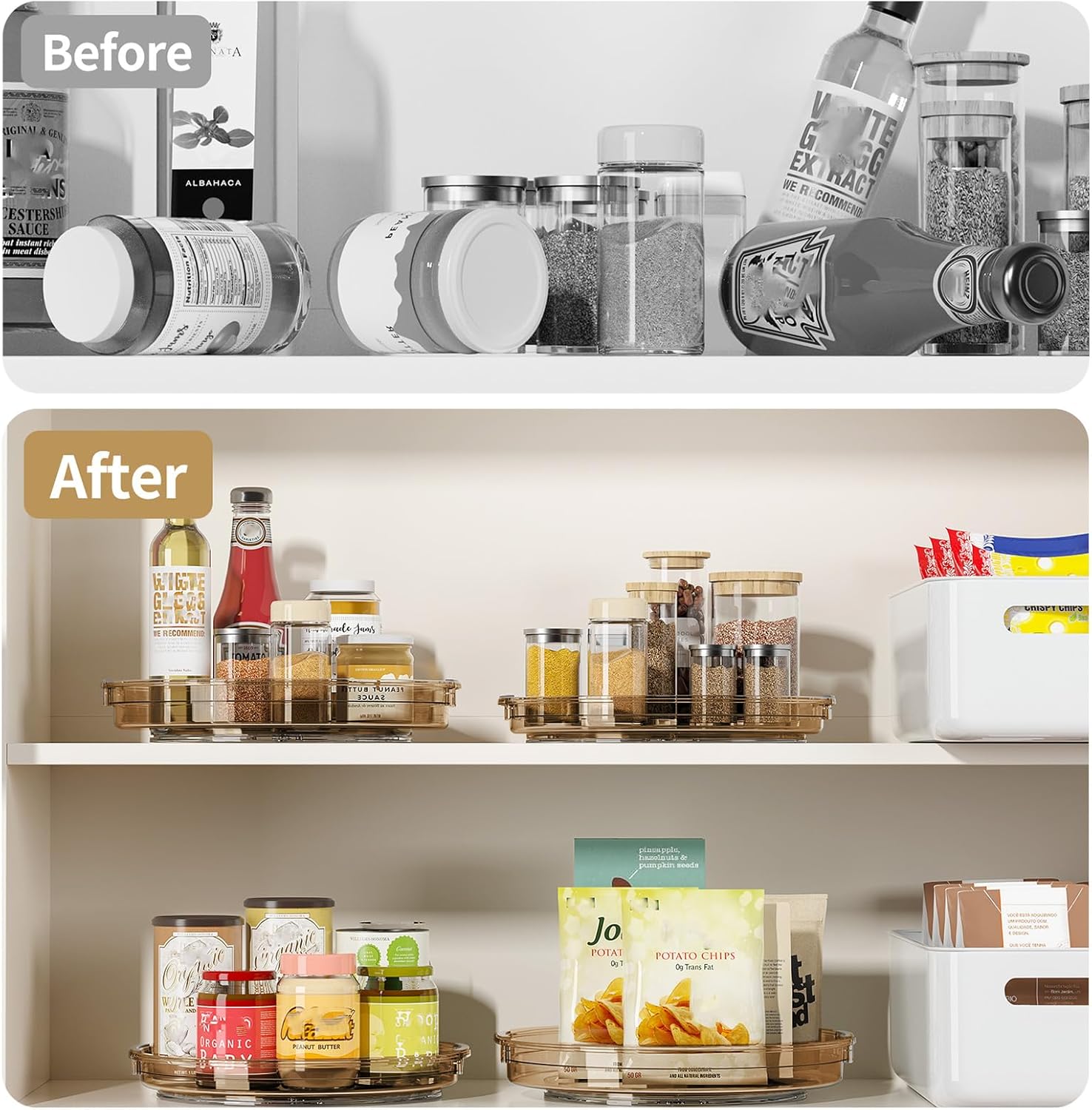 LAMU 2 Pack Lazy Susan Turntable Organizer for Cabinet, 10.6'' 9.25'' Condiment Organizer for Refrigerator, Kitchen Pantry, Medicine Cabinet Organizer, Spices Rack Organization, Bathroom, Amber