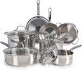 T-fal Stainless Steel Cookware Set 11 Piece, Induction, Oven Broiler Safe 500F, Kitchen Cooking Set w/Fry Pans, Saucepans, Saute Pan, Dutch Oven, Steamer, Pots and Pans, Dishwasher Safe, Silver