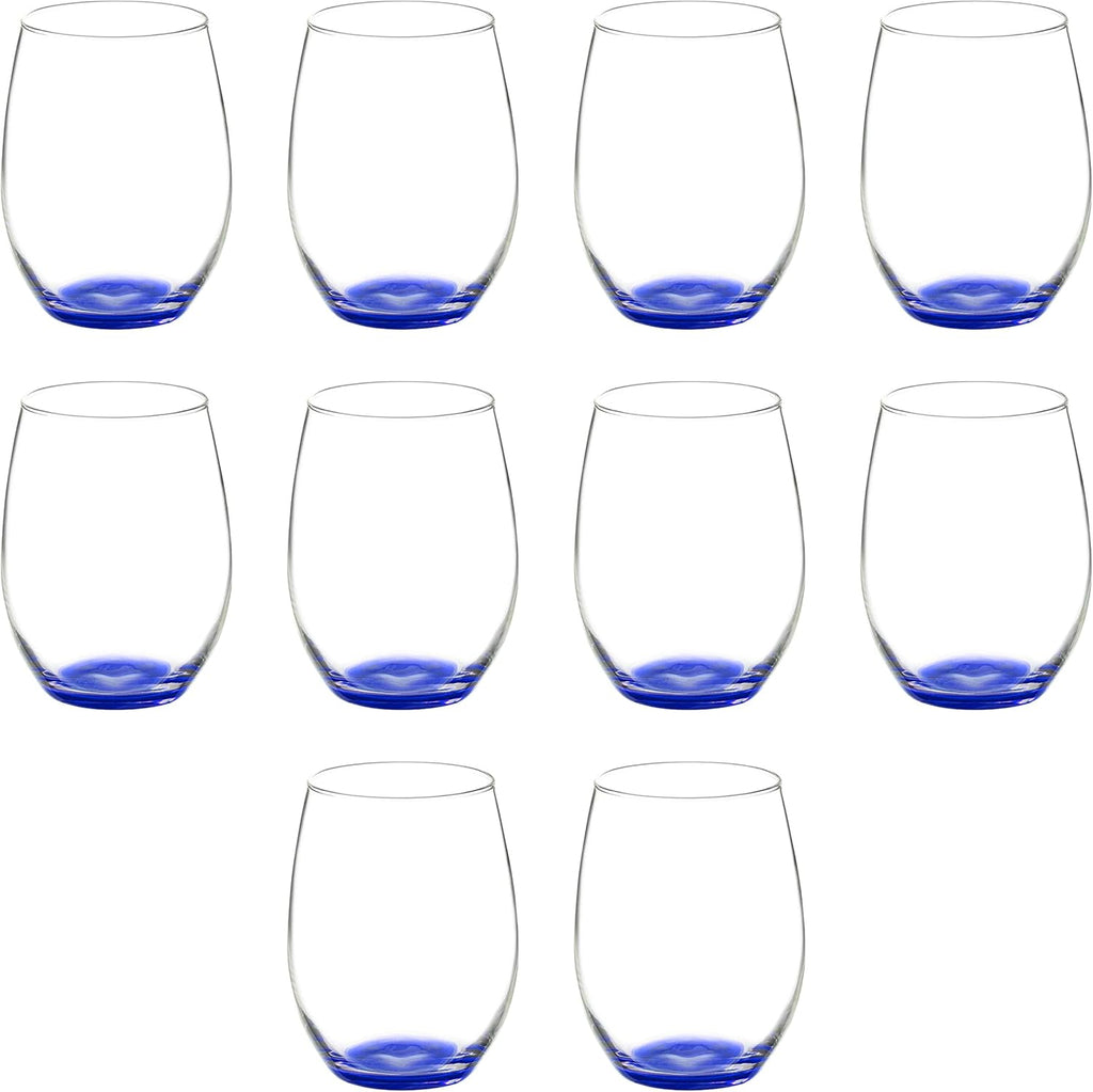 DISCOUNT PROMOS 10 ARC Stemless Wine Glasses Set, 21 oz. - Chardonnay, Cabernet, Merlot, Sauvignon - Blue