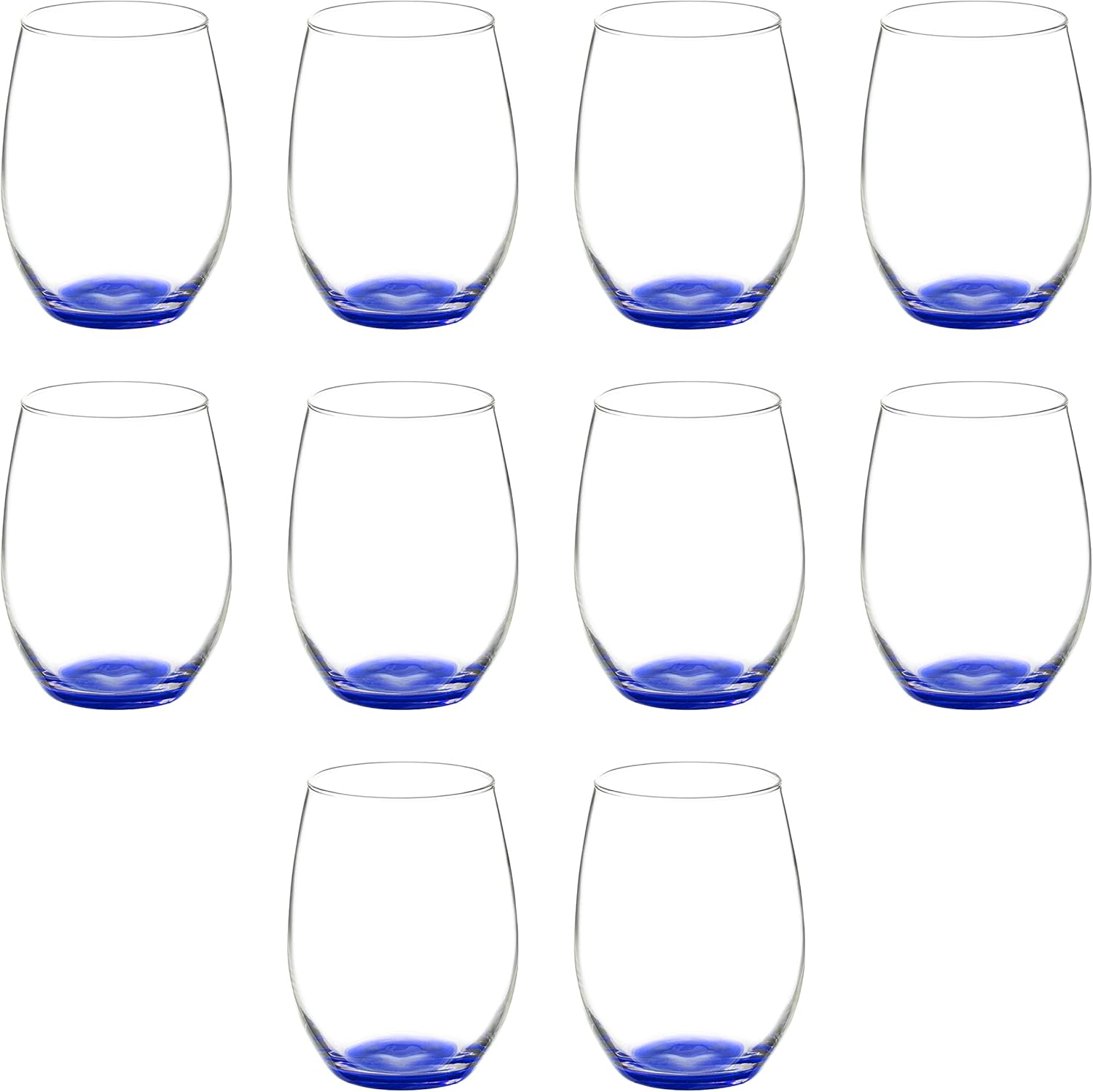 DISCOUNT PROMOS 10 ARC Stemless Wine Glasses Set, 21 oz. - Chardonnay, Cabernet, Merlot, Sauvignon - Blue