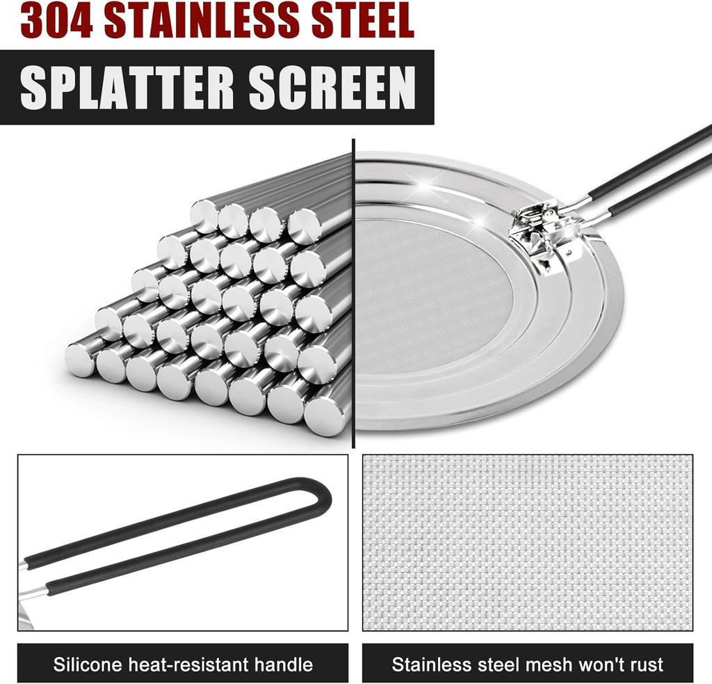 Stainless Steel Splatter Screen for Frying Pan - Grease Splatter Guard with Folding Handle - Cover Oil Splash from Bacon, Oil, or Deep Fryer - Food Strainer and Universal Cookware