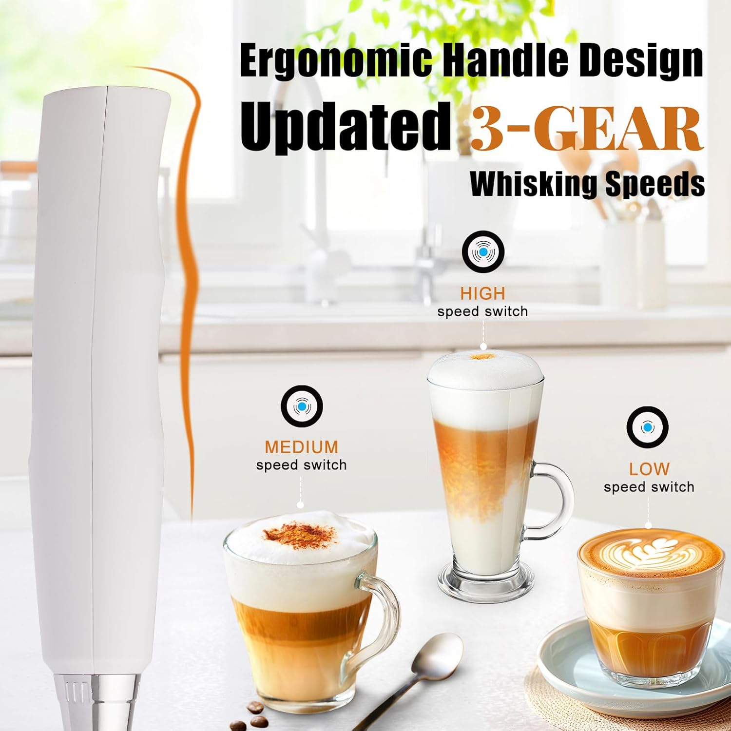 Nahida White Milk Frother Wand for Coffee, Frother Handheld Rechargeable Electric Whisk with 3 Heads 3 Speeds Drink Mixer Coffee Frother Foam Maker For Latte, Cappuccino, Hot Chocolate, Egg
