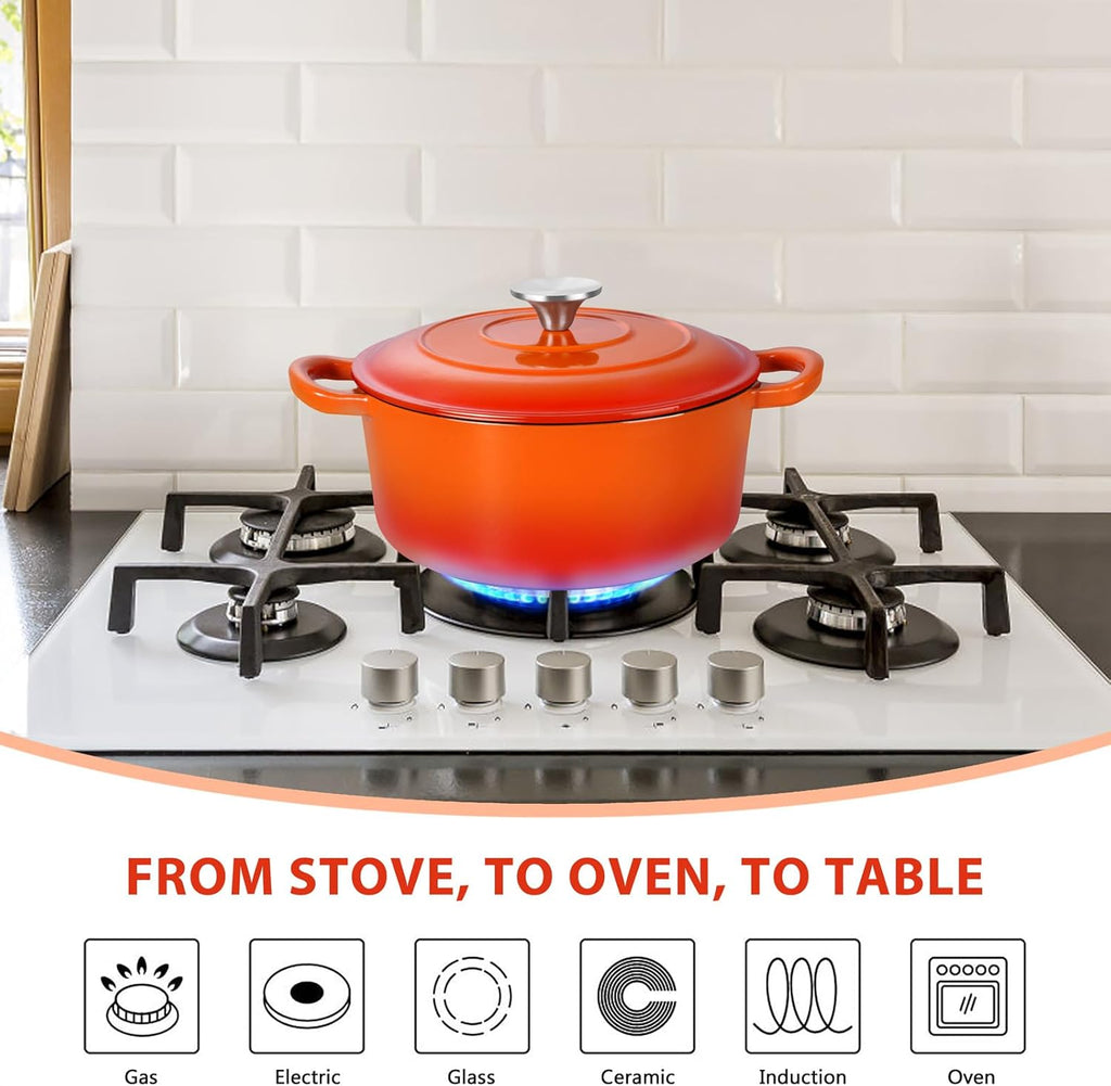 E-far 3 Qt Enameled Cast Iron Dutch Oven with Lid, Small Round Nonstick Dutch Oven Pot for Bread Baking Braising Stews Roasting Cooking, Heavy Duty, Induction & Oven Safe - Orange