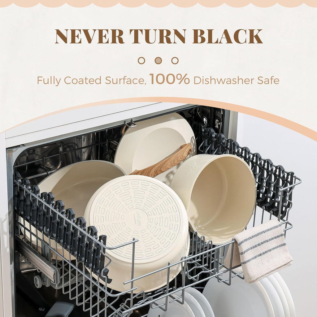 Ceramic Pots and Pans Set with Detachable Handle, Non-toxic Nonstick 8pcs Cookware Set with Die-cast Lids, Dishwasher & Oven Safe, PTFE PFOA PFAS Free, Perfect for College Dorm, Cream White