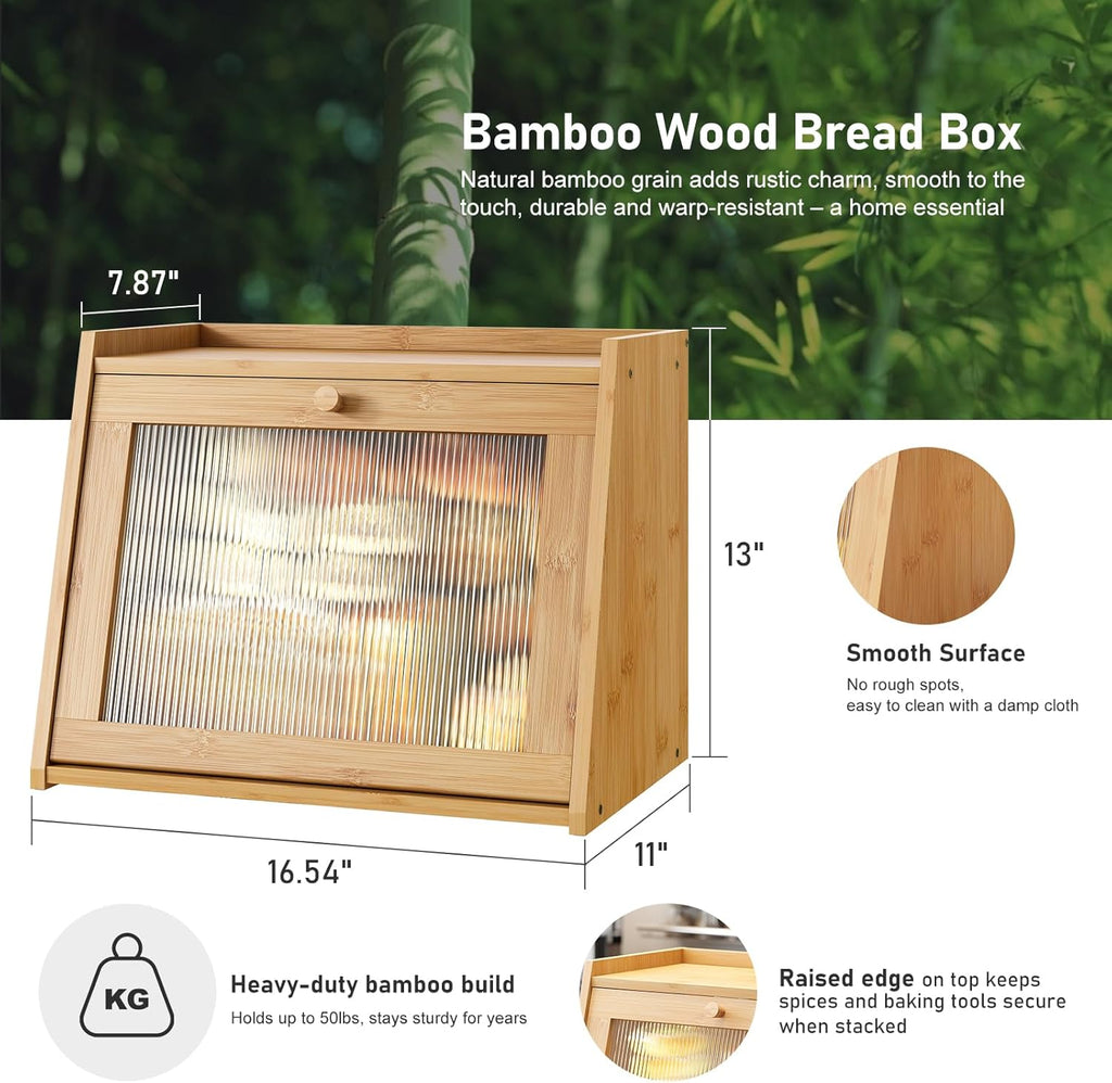 Large Bread Box for Kitchen Counter, Bamboo Bread Storage Container with Wavy Arcylic Transparent Door, Bamboo Wooden Farmhouse Bread Box for Your House
