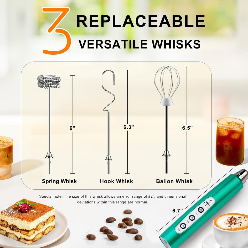 YUSWKO Turquoise Handheld Milk Frother Wand for Coffee, Rechargeable Electric Whisk with 3 Heads 3 Speeds Drink Mixer Coffee Frother For Latte, Cappuccino, Hot Chocolate, Egg