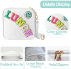 Insulated Lunch Bag With Adjustable Shoulder Strap, Nylon Preppy Lunch Box Large Insulated Lunch Bag Reusable Lunch Tote Bag with Smiley Preppy LunchBag for Girls School Travel Picnic (White)
