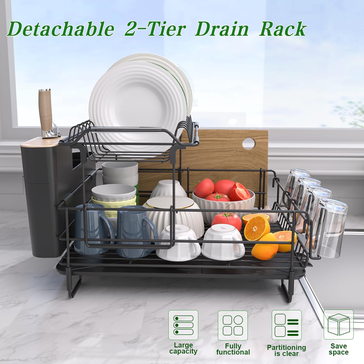Runnatal 2-Tier Dish Drying Rack with Drainboard Set, Stainless Steel Detachable 2-in-1 Large-Capacity 2-Tier Over The Sink Anti-Rust Dish Rack and Dish Drainer for All Kitchen