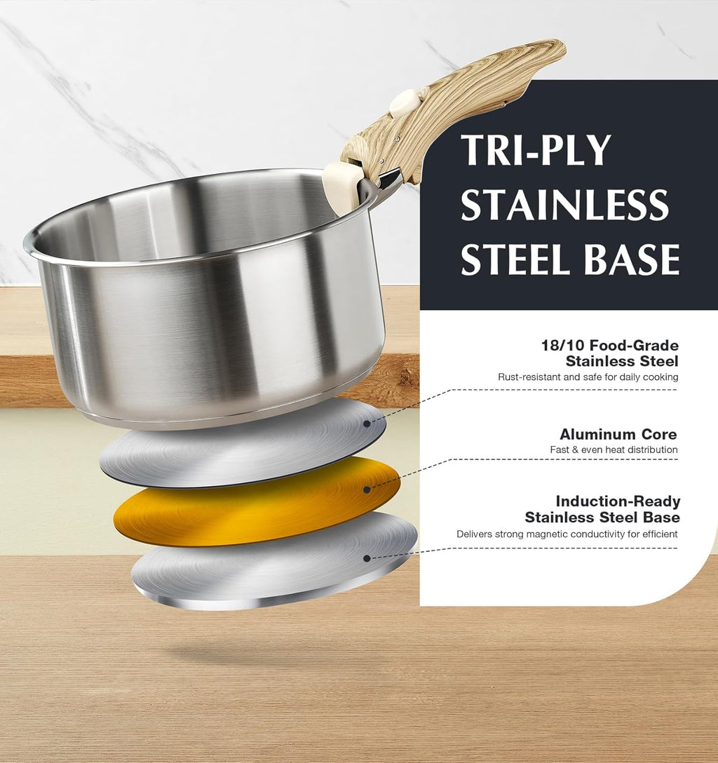 KOCH SYSTEME CS Stainless Steel Saucepan Set 1.5QT & 2QT & 3QT, Stainless Steel Pot with Removable Handle, 6pcs Sauce Pan Set with Tri-Ply Steel Base, Induction Compatible Pots, Dishwasher & Oven Safe