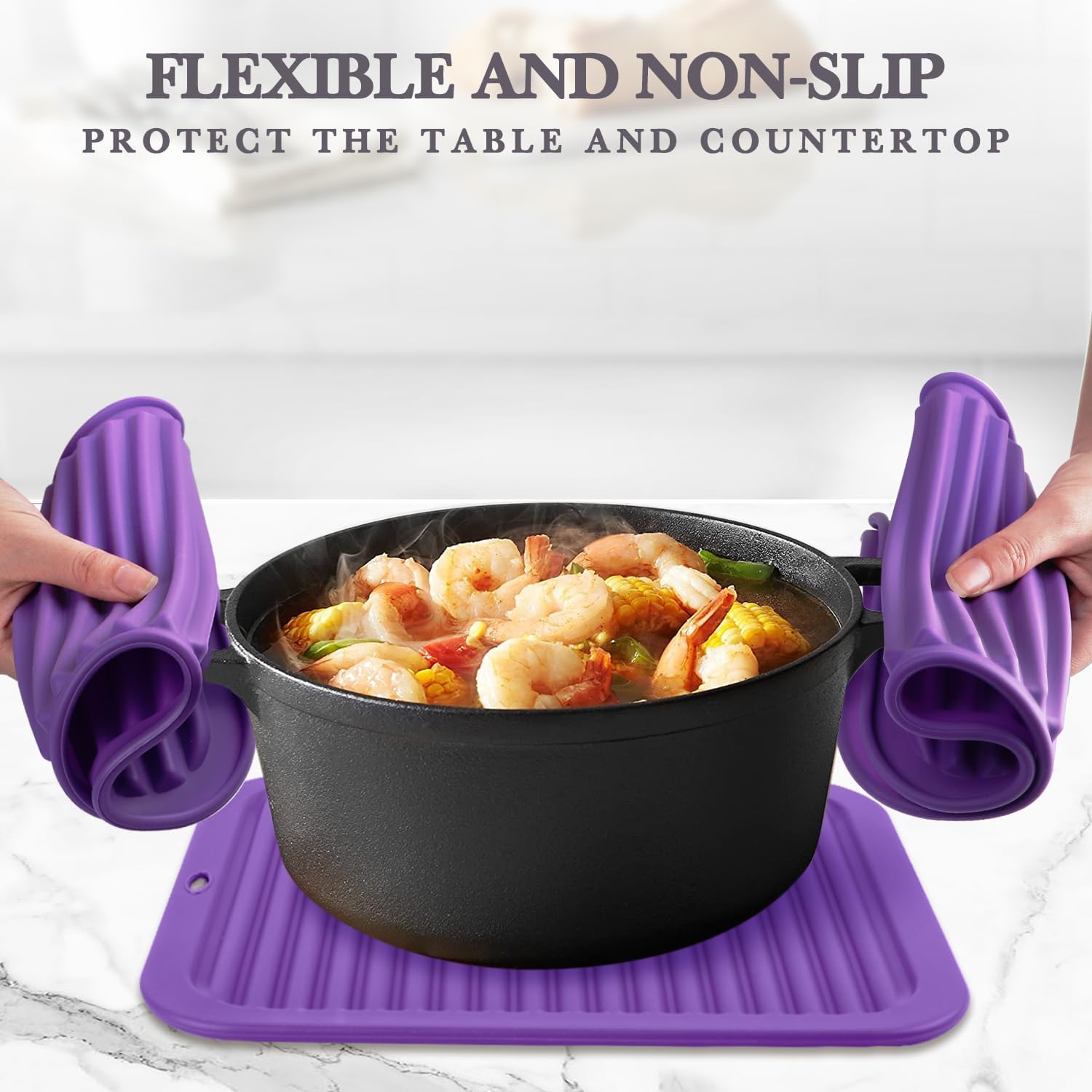 Silicone Trivet for Hot Dishes, 2 Pack Purple Heat Resistant Silicone Hot Pads Pot Holders for Kitchen Counter Non-Slip Trivets for Hot Pots and Pans, 9'' x 12'' Large Dish Drying Mat & Spoon Rest