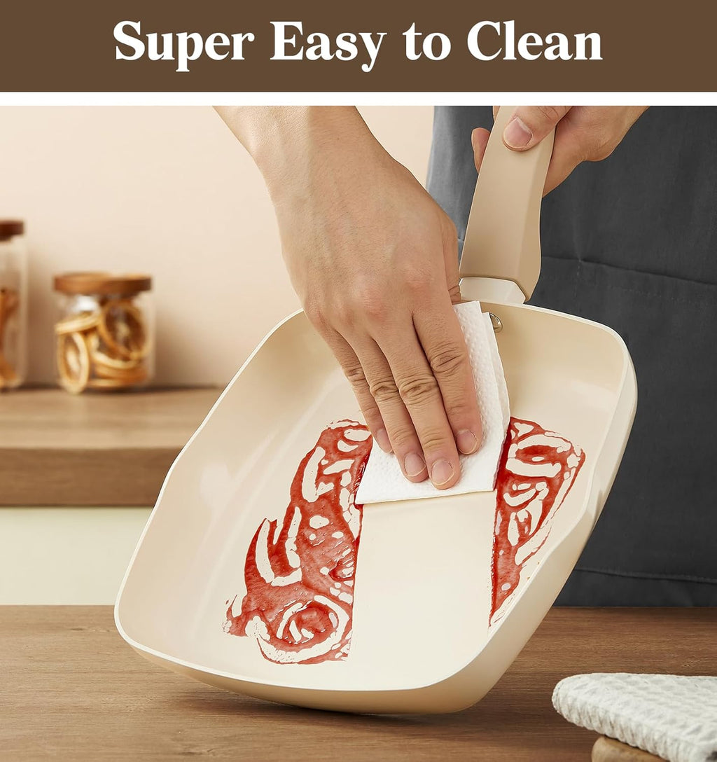 KOCH SYSTEME CS Nonstick Grill Pan for Indoor Cooking, 9.5 Inch Ceramic Square Frying Pan with Lid, Versatile Nonstick Griddle Pan for Stove Tops, Induction Compatible, Toxic-Free, Cream White
