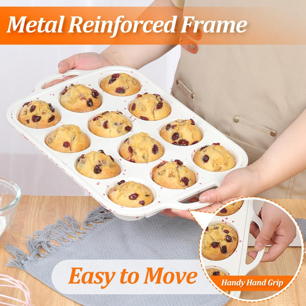 CAKETIME Silicone Muffin Pan, Metal Reinforced Frame Silicone Cupcake Pan Easy to Handle 12 Cups for Valentine's Day Baking Nonstick Regular Size Muffin Tin 1 Pack Love Heart