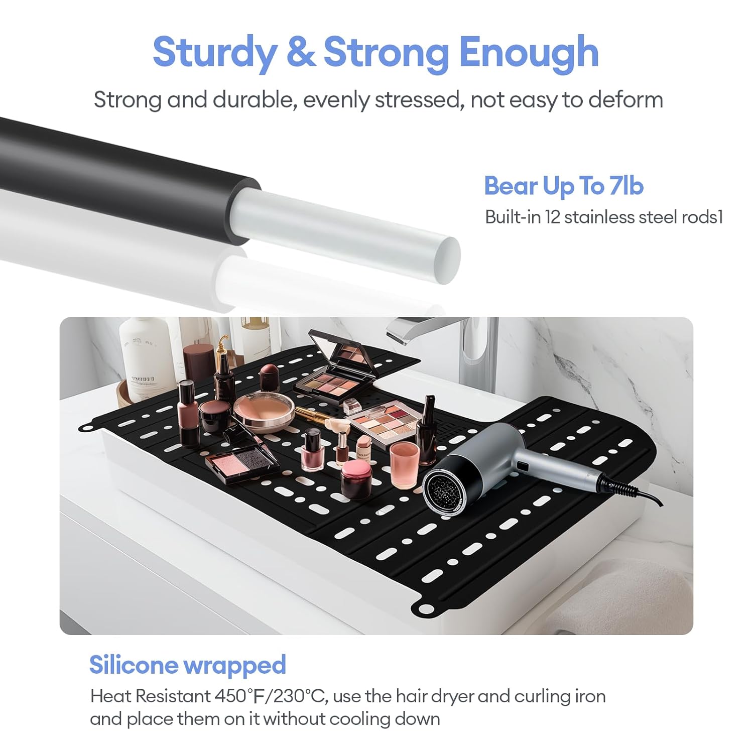 IeBilif Sink Cover for Counter Space, Foldable Bathroom Sink Covers, Makeup Organizer Mat Space Saver with Hanging Loop, Silicone Makeup Brush Cleaner Mat for Bathroom(Black)