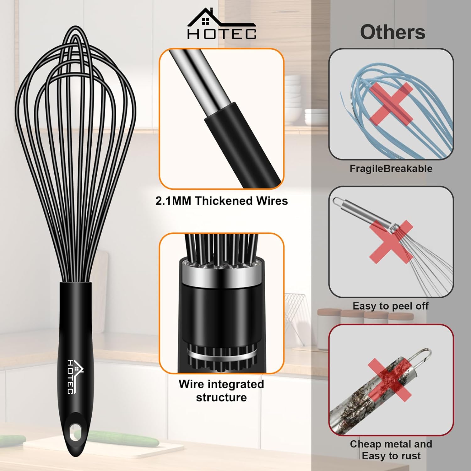 HOTEC 4 Pieces Silicone Whisks Set, Wire Balloon Whisks Egg Beater, Non-slip Handle Whisk for Non-stick Cookware Perfect for Cooking, Stirring, Beating and Blending (Black)