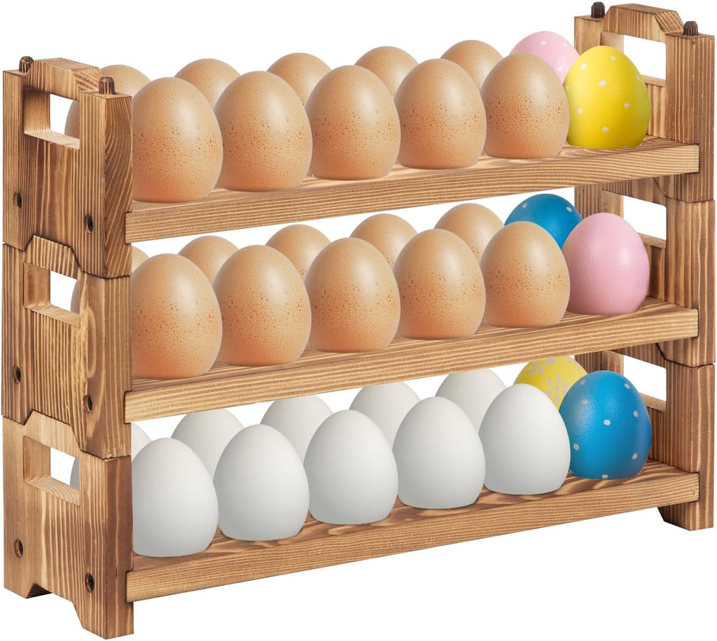 Egg Holder Countertop, 3-tire Solid Wooden Egg Holder, Stackable Egg Storage Basket Holding Up to 36 Fresh Eggs, Chicken, Duck Eggs - Unfinished