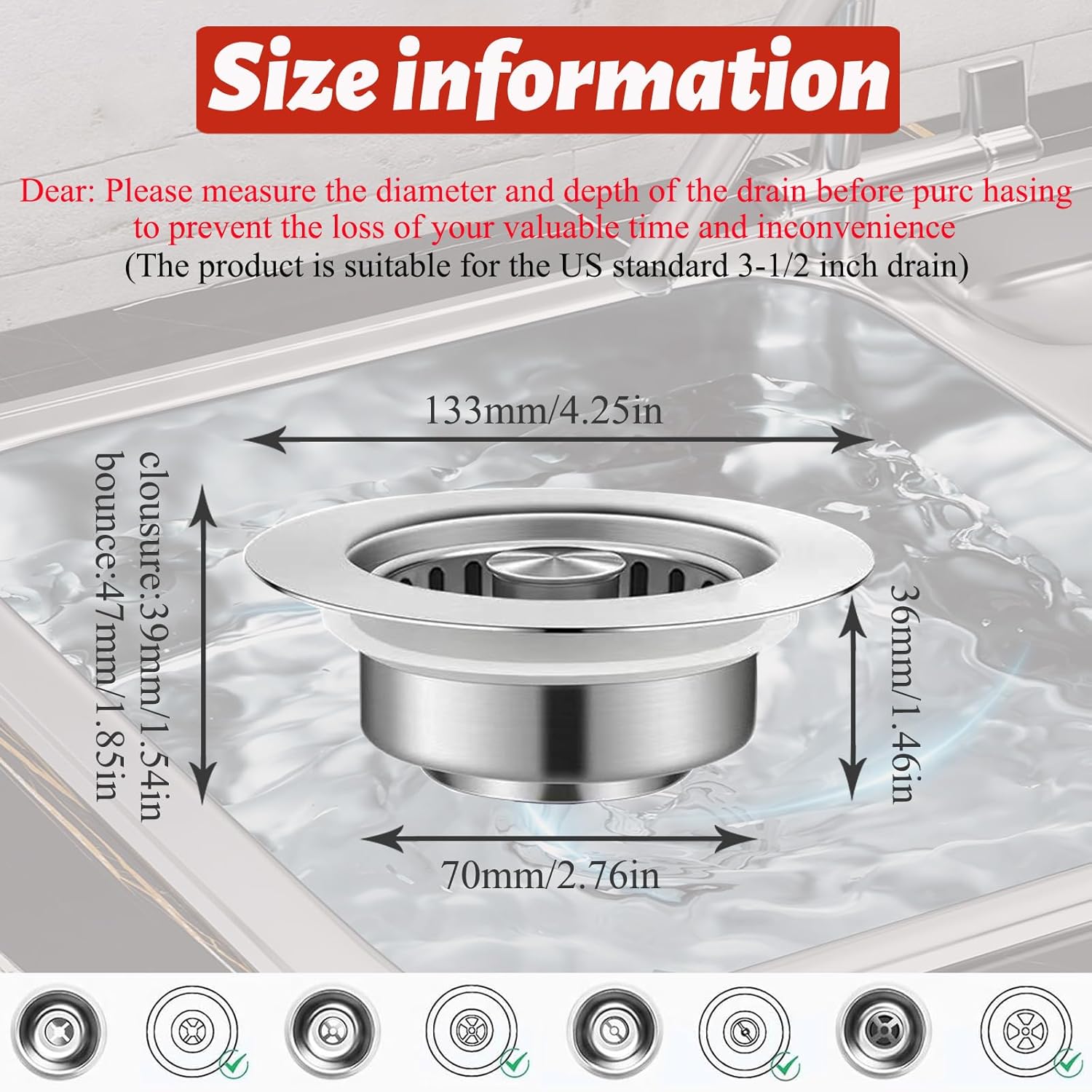 Kitchen Sink Drain Strainer，Upgraded 304 Stainless Steel 3 in 1 Pop-up Sink Drain Strainer Kitchen Drain Strainer Cover and Sink Stoppers Combo，Standard 3-1/2 in Hole