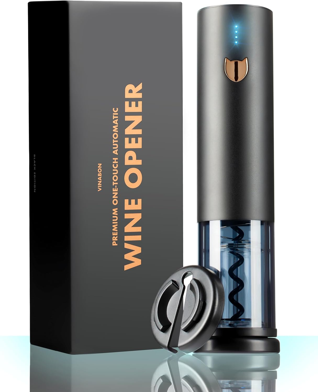 VINABON Electric Wine Opener - Premium 2025 Rechargeable Wine Bottle Opener Corkscrew with Foil Cutter, One-Touch Automatic Operation & LED Lights. Includes Wine Guide eBook
