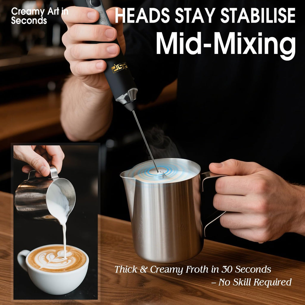 DSP Handheld Milk Frother Rechargeable, Electric Whisk for Coffee, 2 Stirring Rods 3 Speed Adjustable, Low Noise Drink Whisk for Lattes, Matcha, Hot Chocolate, Egg (Midnight Black)