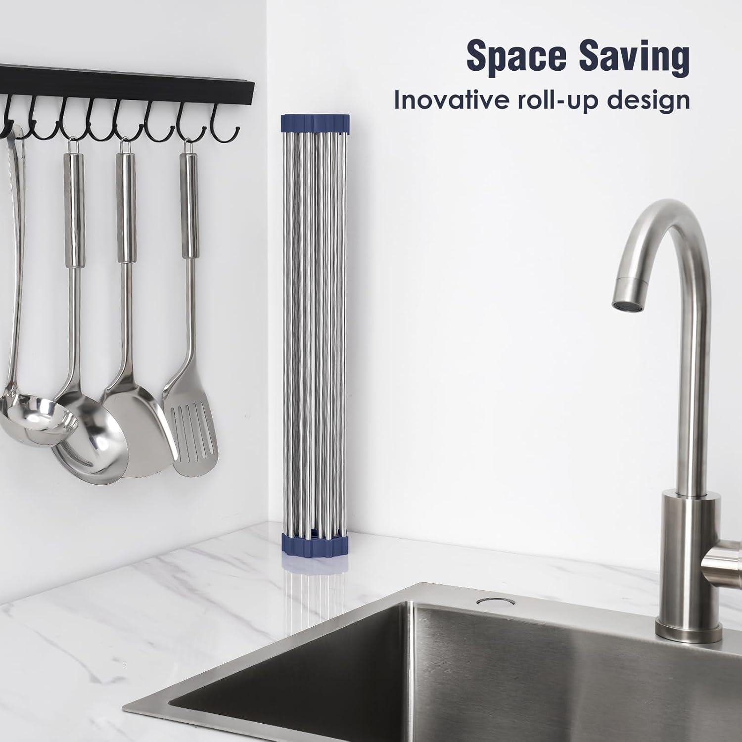 Tomorotec 17.7" x 12.5" Roll Up Dish Drying Rack Over Sink Drying Rack Sink Cover Kitchen Sink Accessories Gadget Multipurpose Organizer Foldable Stainless Steel Drainer