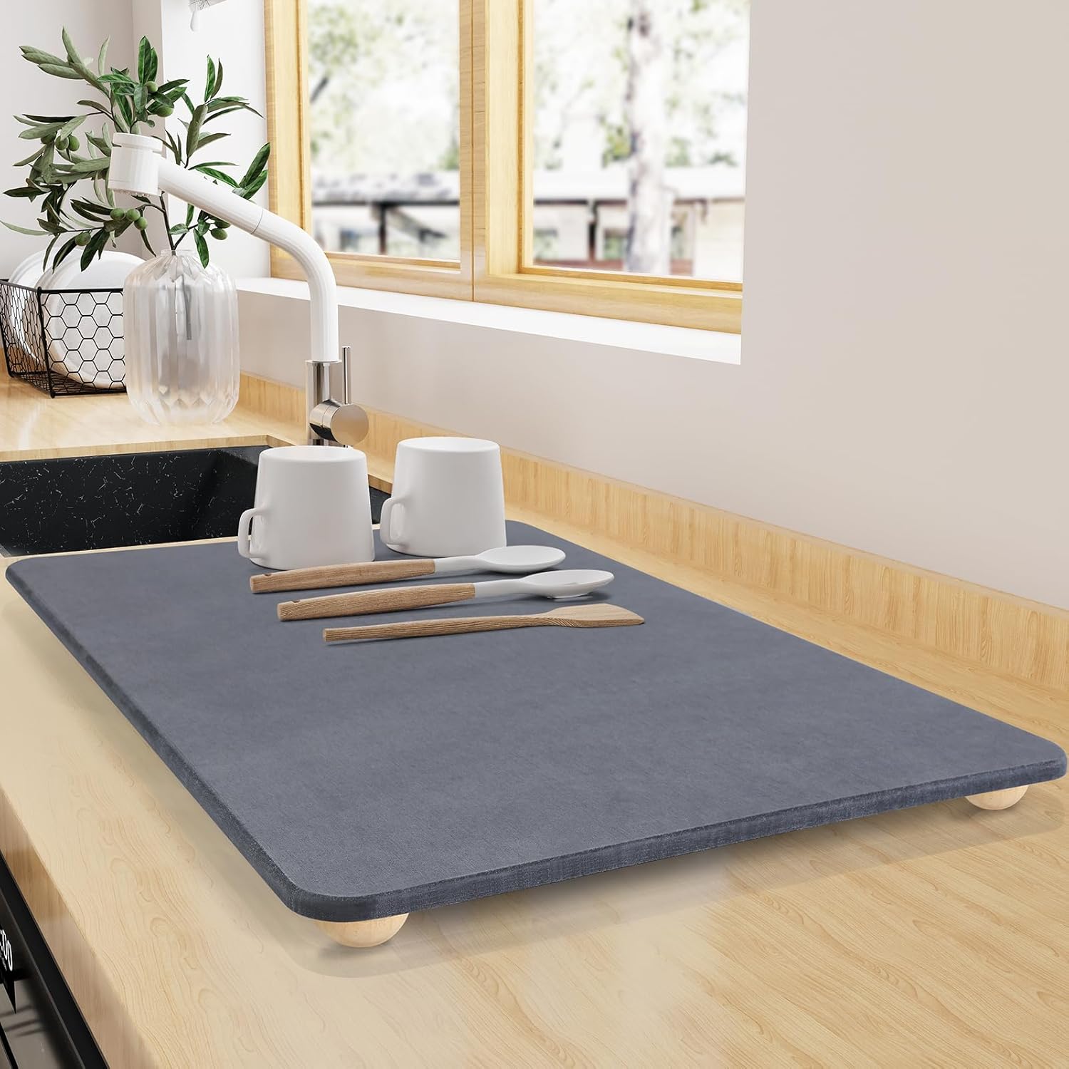 Large Stone Dish Drying Mat for Kitchen Counter, 24"×16" Quick Dry Super Absorbent Eco-Friendly Diatomaceous Earth Stone Mat with hemisphere wooden feet, Non-slip, Heat Resistant, Multi-purpose mats.