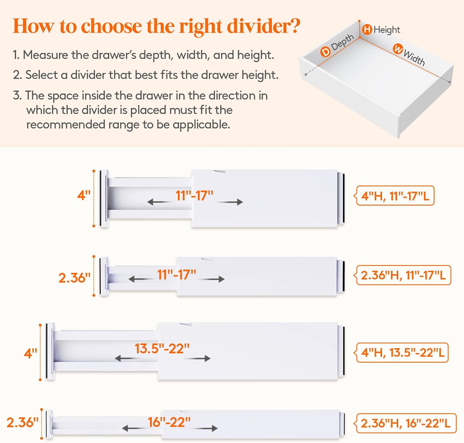 Lifewit 5 Pack Drawer Dividers 4" High, 11-17" Adjustable Dresser Drawer Organizers for Clothes, Expandable Dresser Separators in Bedroom/Bathroom/Kitchen/Vanity/Office Organization and Storage, White