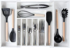 KitchenEdge Premium Silverware, Flatware and Utensil Organizer for Kitchen Drawers, Food-Safe Contract Grade, Expandable from 14.5 to 25 In, White Bamboo
