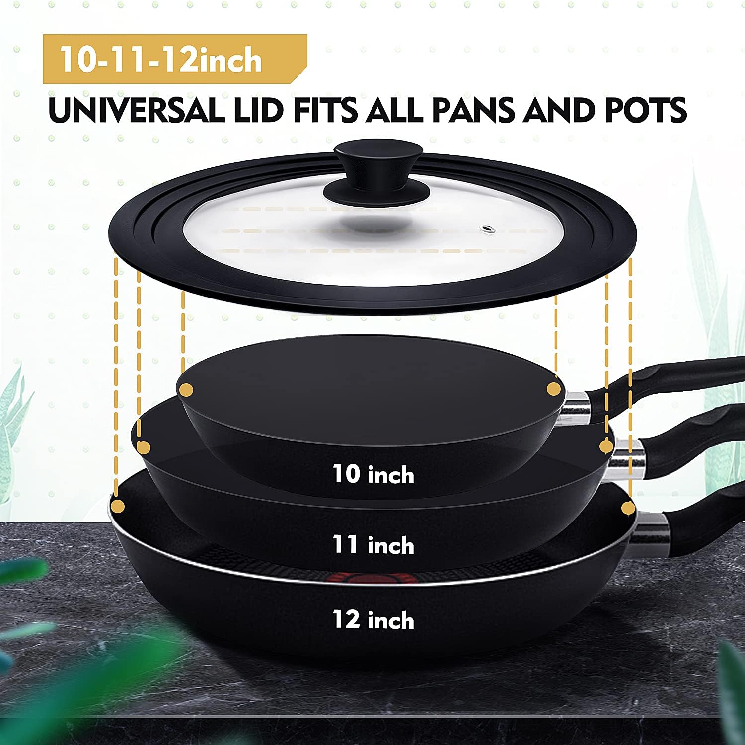 Universal Lid for Pots, Pans and Skillets, Pot Lid With Heat Resistant Silicone Rim and Tempered Glass,Fits 10", 11", 12" Diameter Pots and Pans