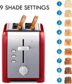 Koolatron Kenmore 2-Slice Toaster, Stainless Steel, Red and Silver, with Extra Wide Slots, Self-Adjusting Bread Guides, Defrost, Bagel and Removable Crumb Tray, Small (KKTS2SR AZ)