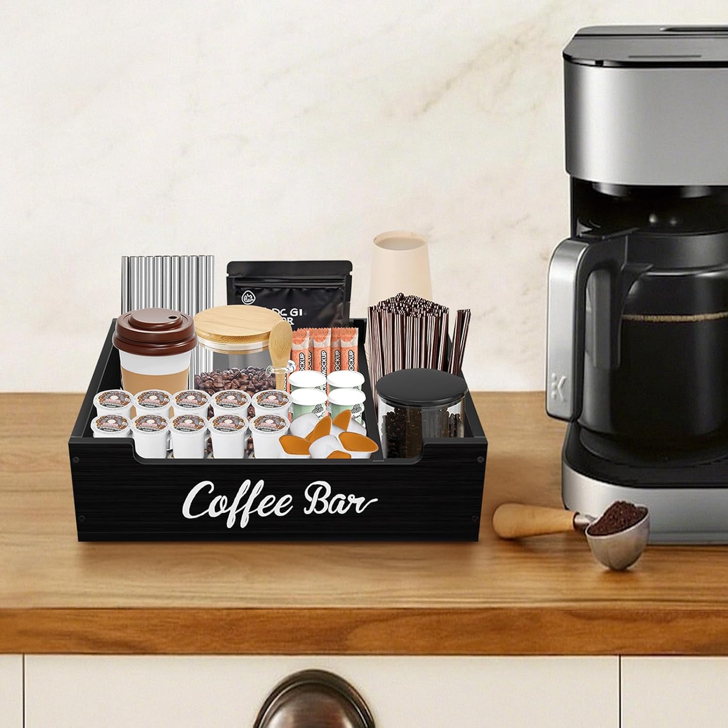 Coffee Pod Bar Station Wooden 14" X 10" X 4" Organizer Box for Countertop, Counter Top Tea Espresso Cup Wood Storage Box, Black