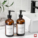 GMISUN Amber Glass Soap Dispenser, 2 Pack Bathroom Hand Soap Dispensers with Stainless Steel Pump, 17 Fl Oz Kitchen Hand and Dish Soap Dispenser Set, Modern Vintage Liquid Brown Soap Dispensers Bottle