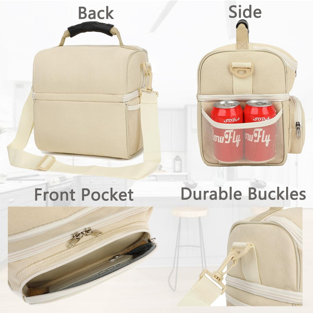 FlowFly Double Layer Cooler Insulated Lunch Bag Adult Lunch Box Large Tote Bag for Men, Women, With Adjustable Strap,Front Pocket and Dual Large Mesh Side Pockets