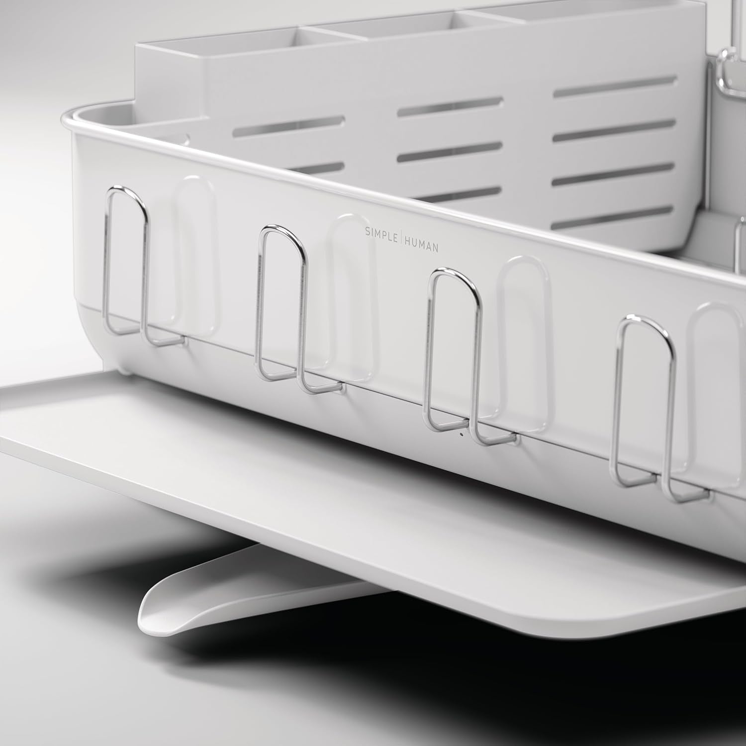 simplehuman Large Capacity Dish Drying Rack with Stainless Steel Frame, 360º Easy Drain Swivel Spout, Utensil & Wine Glass Holder, Anti-Residue Coating, Moisture Control Surface, White