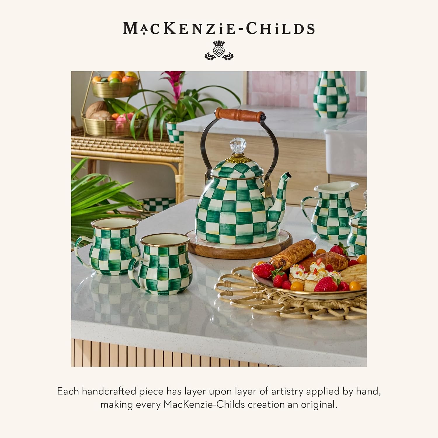 MACKENZIE-CHILDS Enamel Everyday Bowl, Serving Bowl for Entertaining, Medium, Green-and-White Emerald Check
