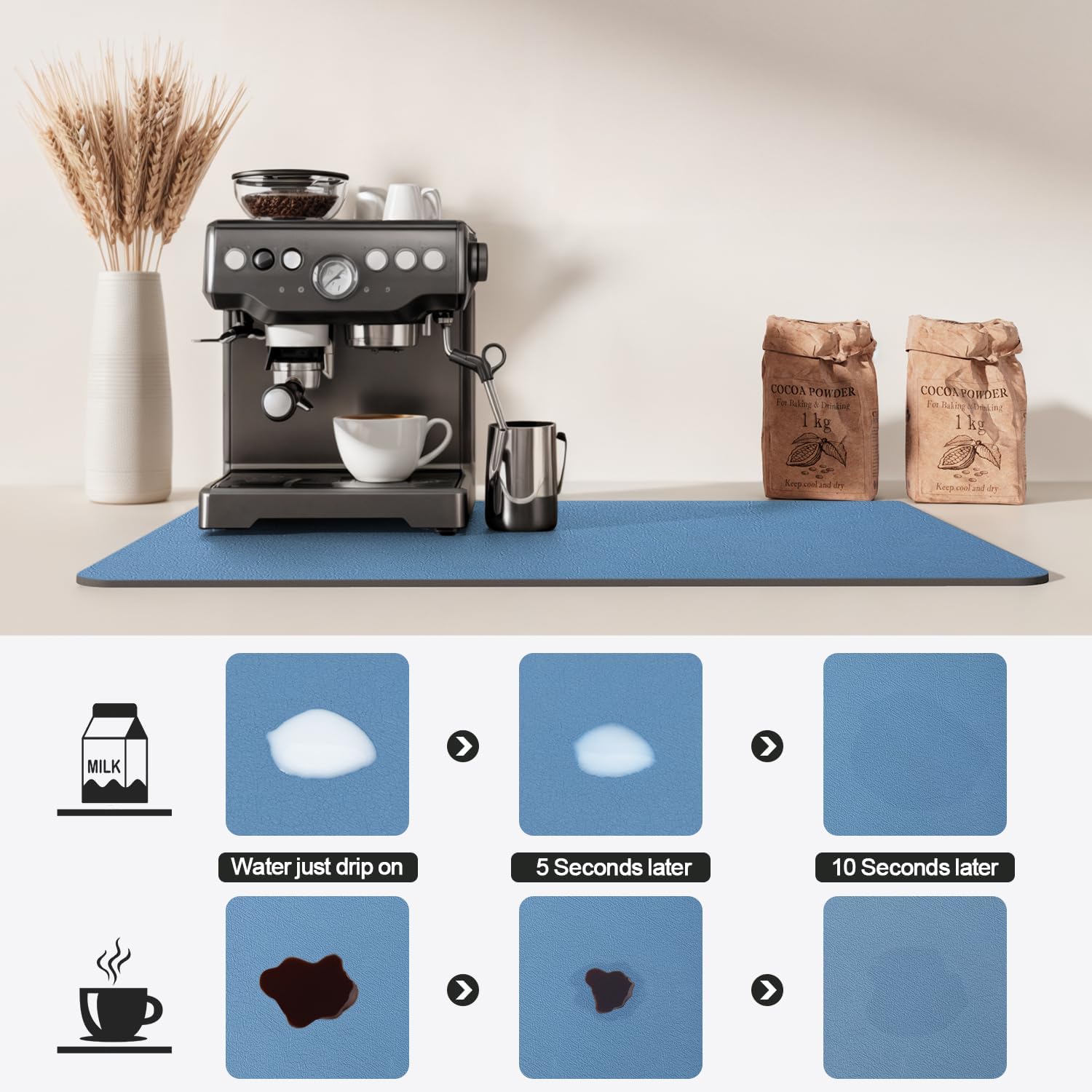 Dish Drying Mat for Kitchen Counter | Coffee Bar Mat for Countertops | Heat Resistant Drainer Mat with Non-slip Rubber Backed | Hide Stain Kitchen Absorbent Draining Mat | Blue 16"x20"