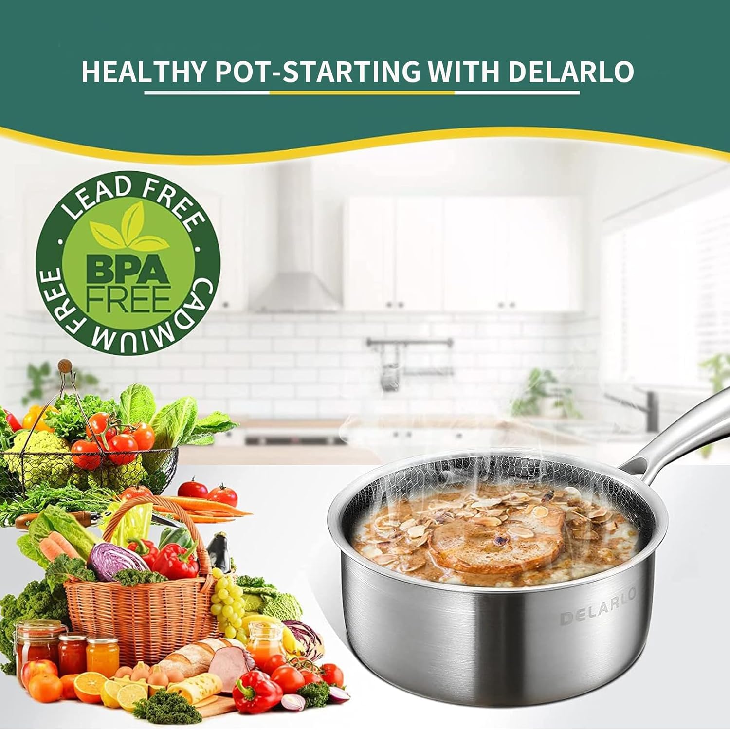 DELALRO Full Clad Tri-Ply Stainless Steel Sauce Pan 2.5QT, All Stove Safe 600℉(Lids 300℉), Medium Sauce Pan with Lid, Non Stick Sauce Pan, Fast & Even Heat, Steel Pot with Lid, Energy Saving,2-1/2 QT