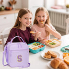 Initial Insulated Lunch Bag for Girls Kids, Back to School Gift, Reusable Leak-proof Lunch Box with Adjustable Strap for School Daycare Travel Picnic (Purple,S)