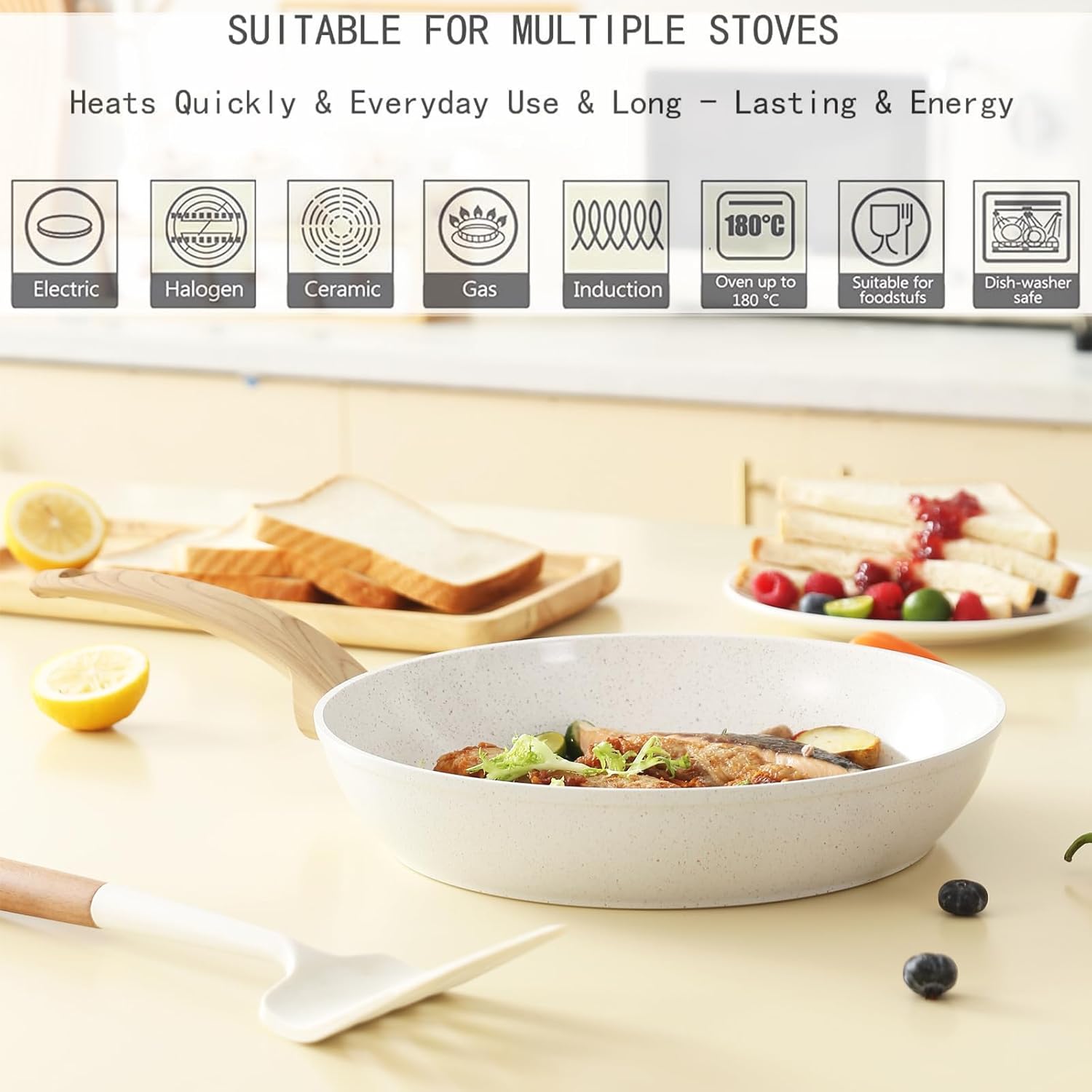 Non Stick Pots and Pans Set, Healthy Ceramic Cookware Set, 12pcs Kitchen Cooking Pots and Frying Sauce Saute Pans Set, PFAS-Free with Kitchen Utensils and Lid, Tan