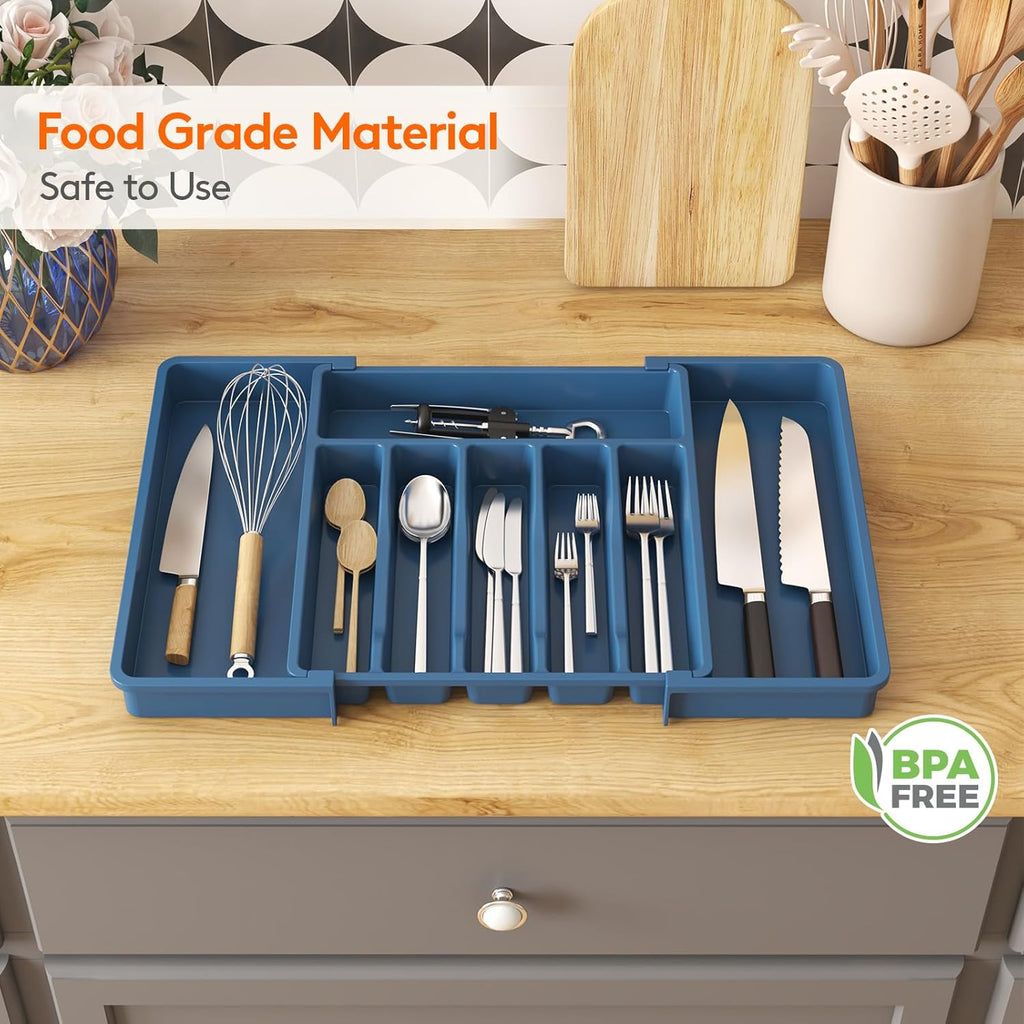 Lifewit Silverware Drawer Organizer, Expandable Utensil Tray for Kitchen, BPA Free Flatware and Cutlery Holder, Adjustable Plastic Storage for Spoons Forks Knives, Large, Dark Blue