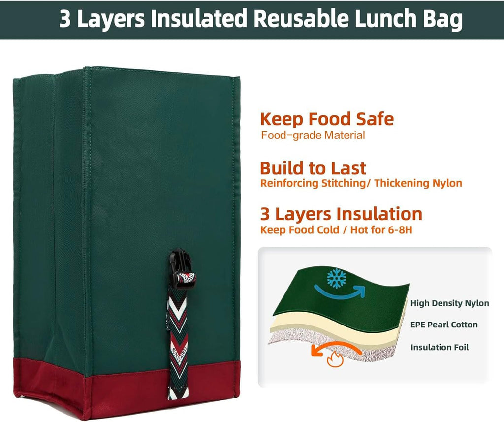 SUNNY BIRD Insulated Lunch Bag Rolltop Lunch Box Tote Bag for Women, Men, Adults and Teens (Green with Boho strap)