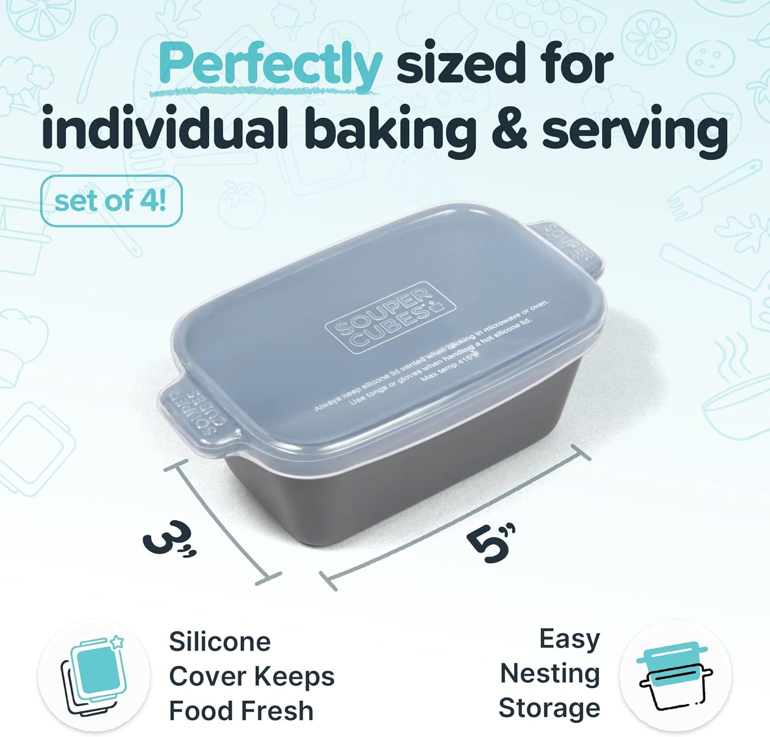 Souper Cubes Stoneware - Small Ceramic 5" x 3" Baking Dish with Silicone Covers, Small Baking Dishes for Oven Perfect for Reheating Single Serve Portions, Set of 4 - Charcoal