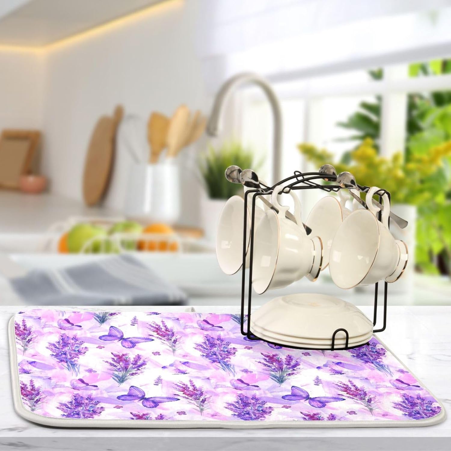 Purple Lavender Butterfly Dish Drying Mat for Kitchen Counter Absorbent Microfiber Drying Pad, Large 18x24 in, Reversible Drainer Mats