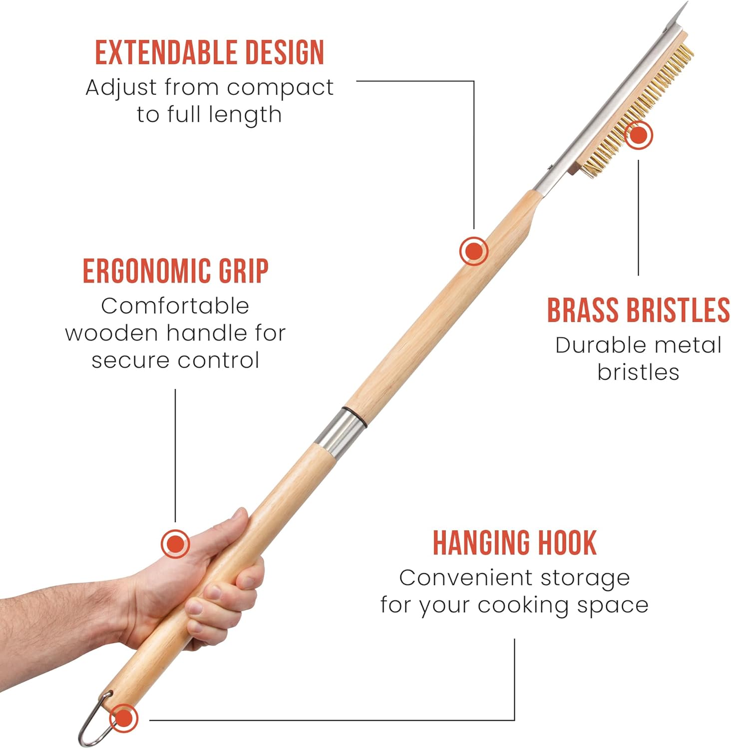 Chef Pomodoro Pizza Oven Brush with Scraper - Adjustable Handle (55cm to 87.7cm), Pizza Stone Brush, Pizza Oven Cleaning Brush, Outdoor Pizza Oven Accessories for Pizza Stones, BBQ Grill, and Ovens