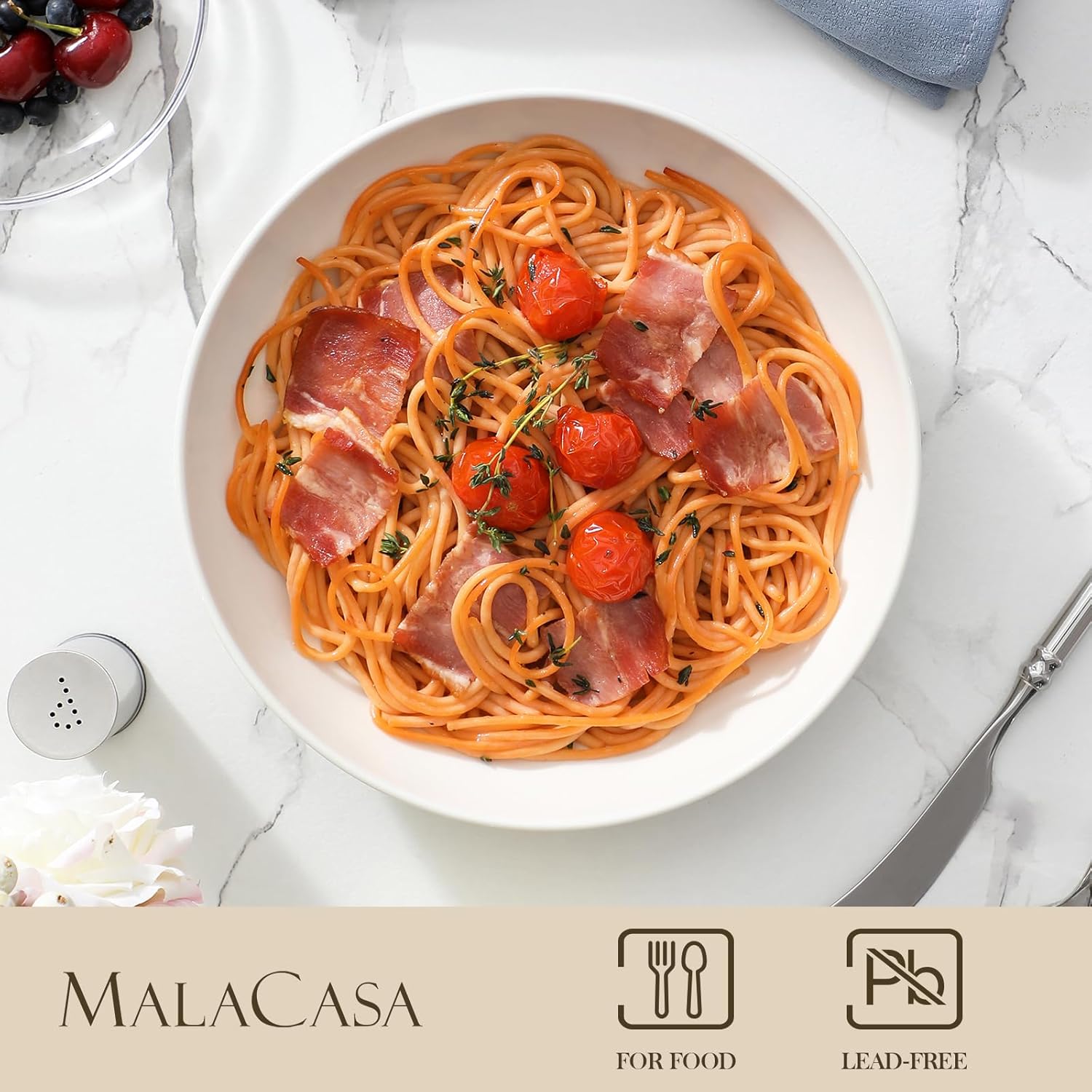 MALACASA 8.85" Large Pasta Bowls, 42 OZ White Salad Bowls Soup Bowls, Porcelain Serving Bowls Set of 4, Large Kitchen Bowl Plates Pasta Plates, Microwave & Dishwasher Safe, Series REGULAR